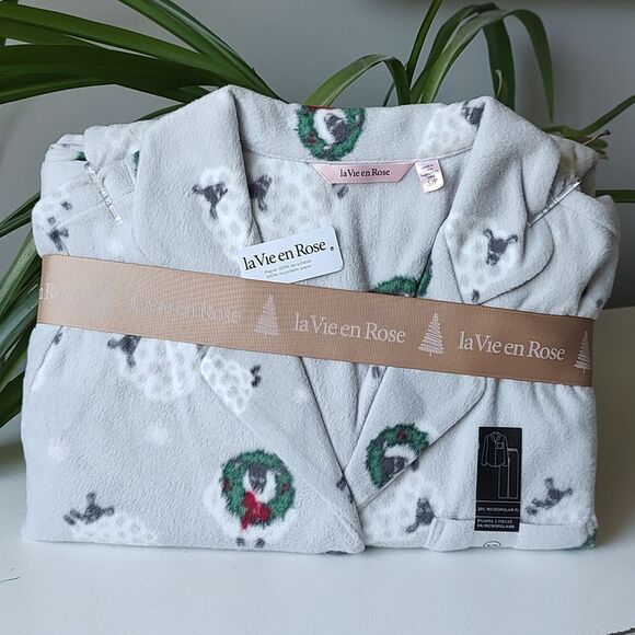 New With Tag La Vie En Rose Size‎ Small Festive Print 2 Piece Micropolar Pajamas - Picture 7 of 11